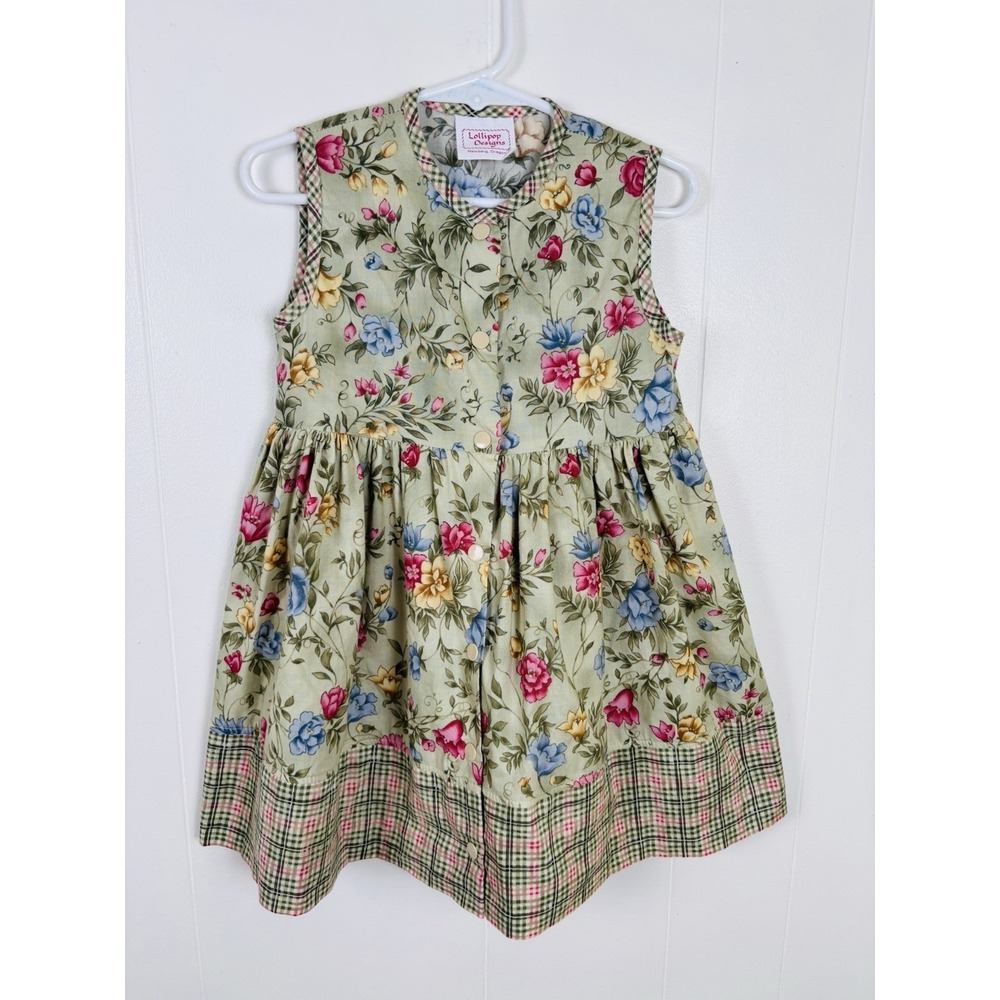 Vintage Lollipop Designs Girls Size 2 Toddler Dress Sage Green Floral Summer
